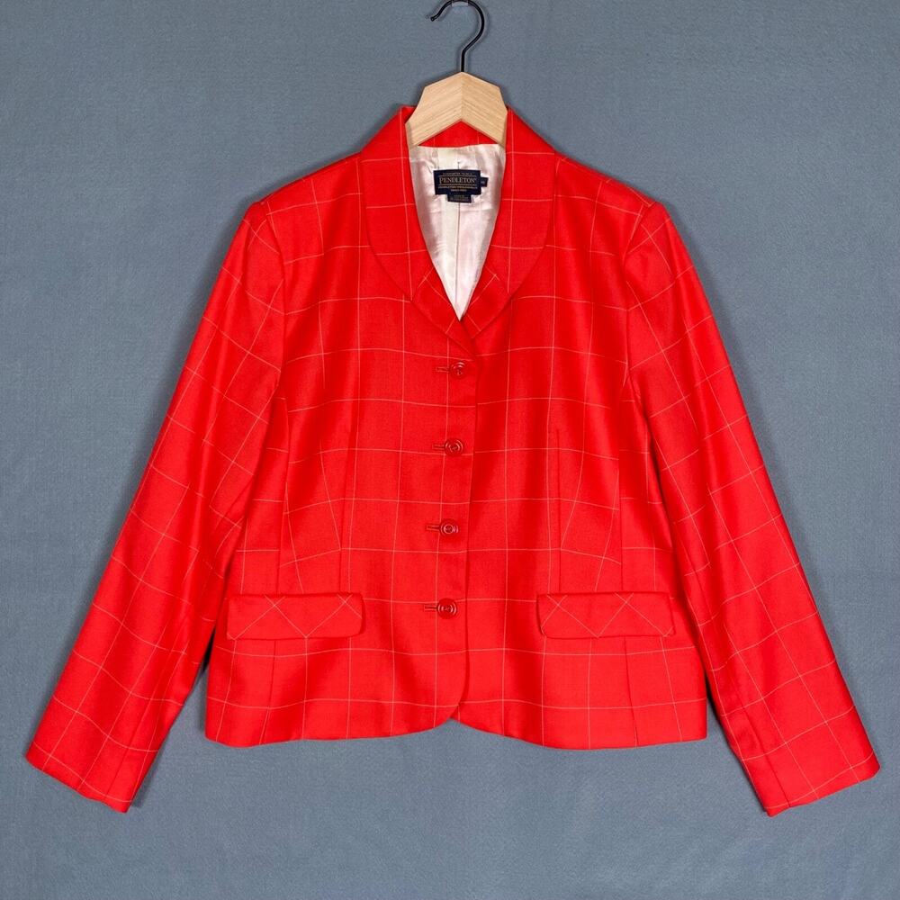Pendleton Womens Blazer Size 16 100% Virgin Wool Bright Coral Windowpane Plaid